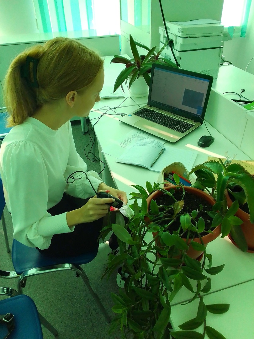 На базе Точка роста МБОУ Троицкая СОШ прошёл урок биологии. Учащаяся 11 класса Кондратьева Арина исследовала особенности комнатных растений.